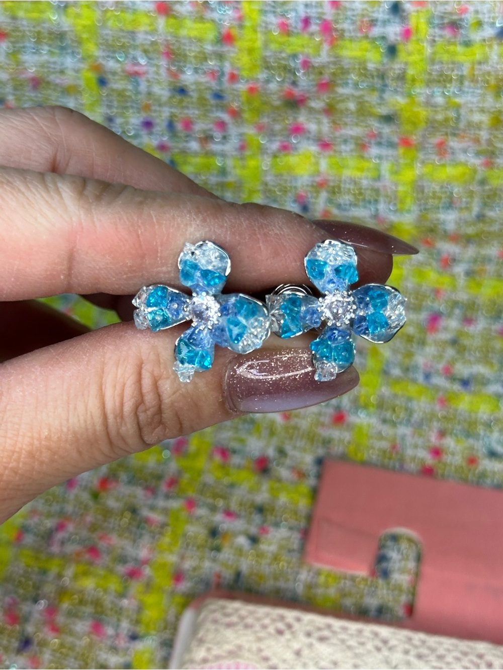 Blue Crystal Floral Stud Earrings - Women Jewelry